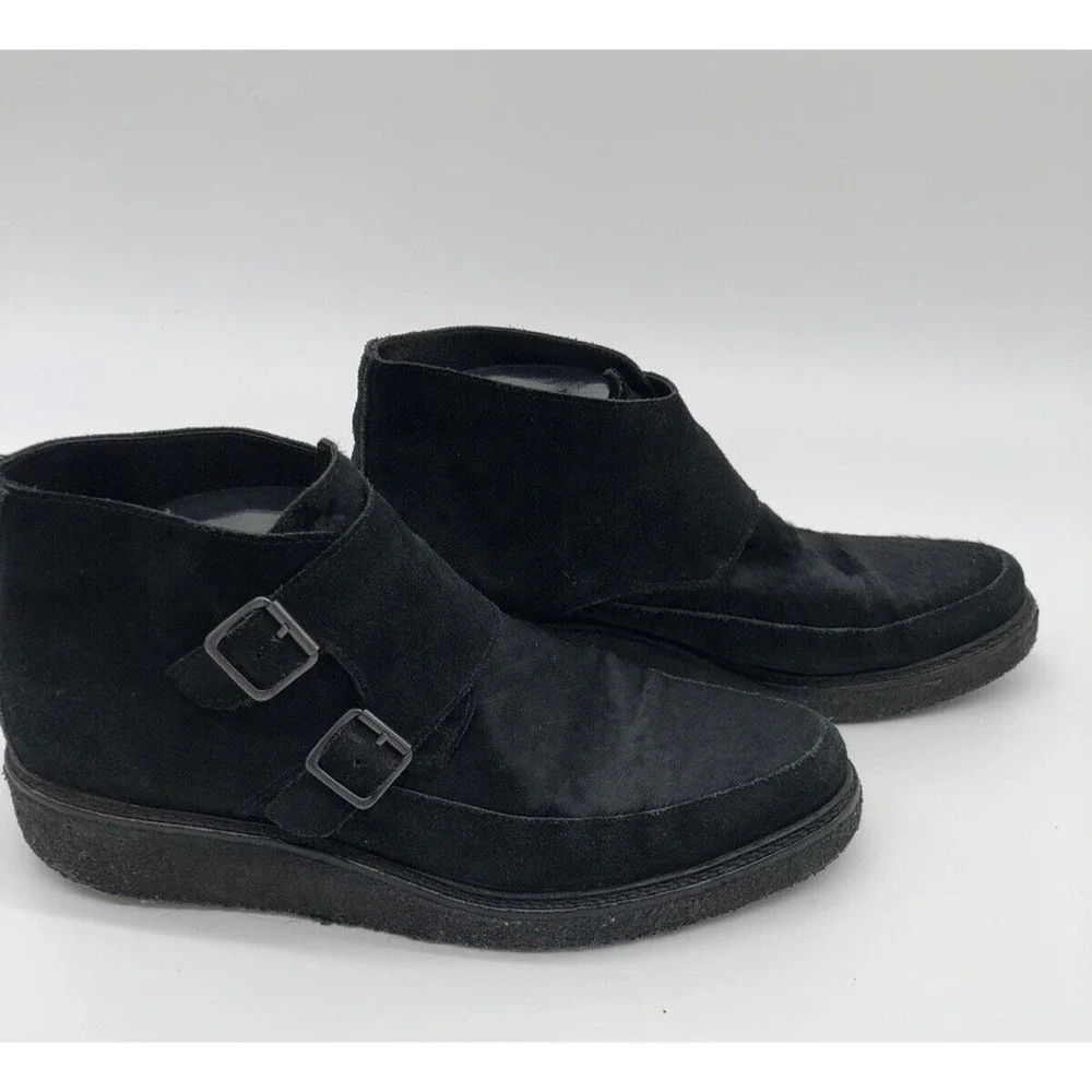 All Saints Mens Black Boot Double Monk Crepe Sole 43 us 9 9.5 Leather Suede Hair